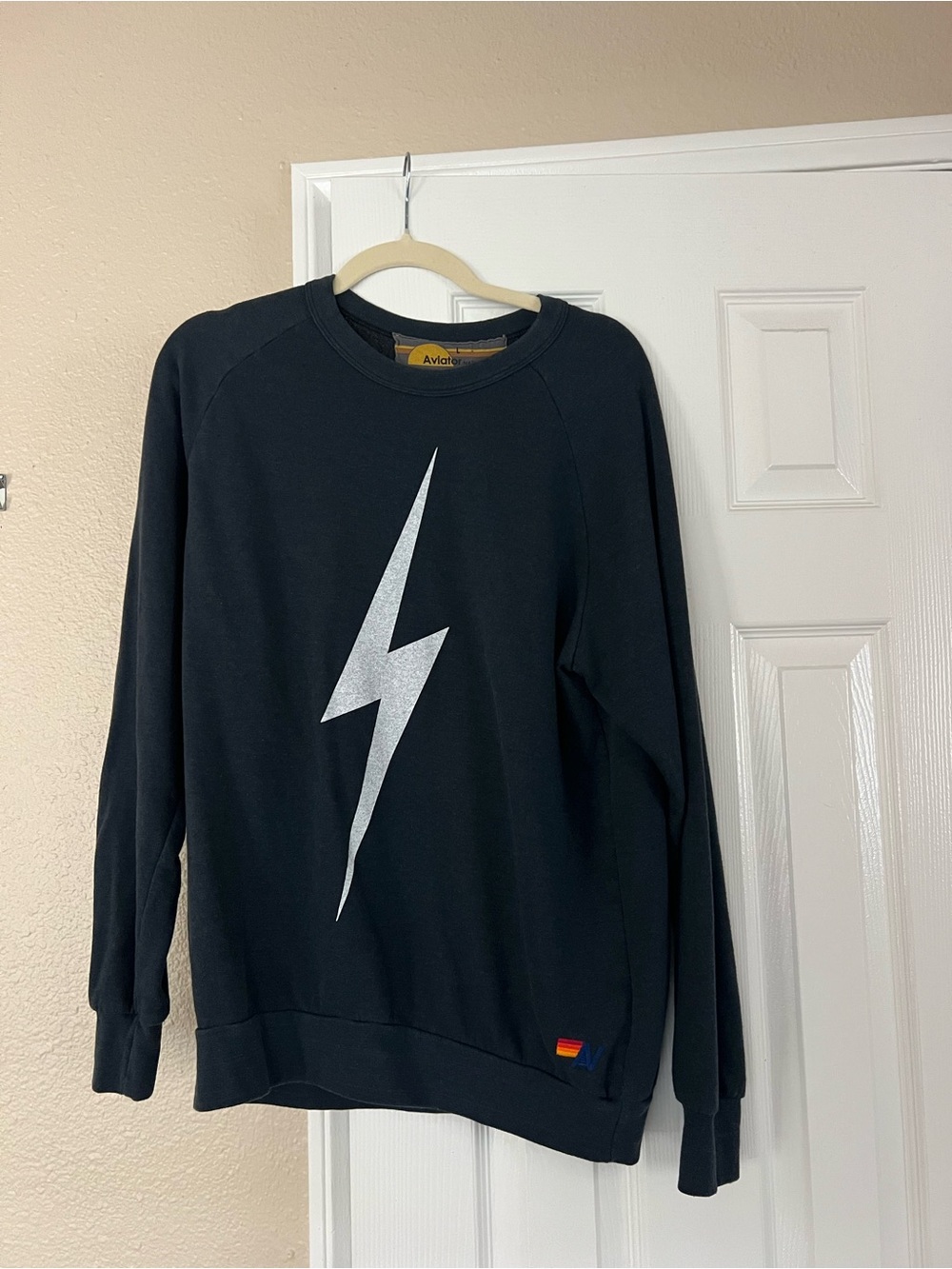 Aviator Nation Black Crewneck with Silver Lightning
